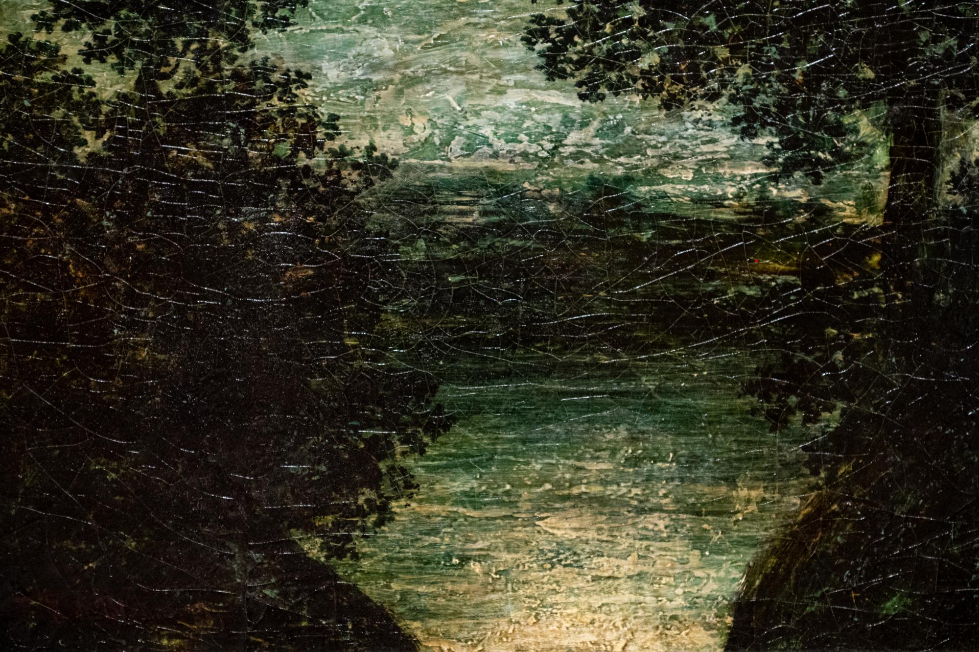 close-up view of the painting showing the thick, cracked nature and the glow of the moon reflected on the water between the trees