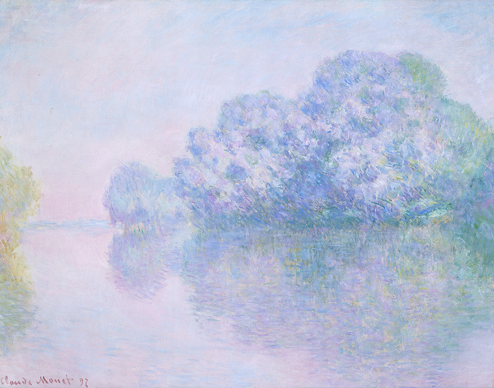 Monet's painting of a lavender sky and trees reflected in the river