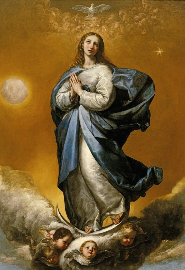 painting of an angel standing on a crescent moon with her hands folded in prayer