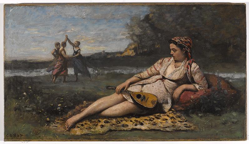 painting of a reclining woman holding a mandolin as three more women dance together in the background