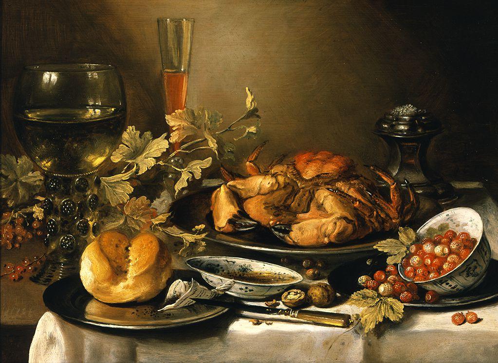 a painting of a sumptuous table overflowing with food