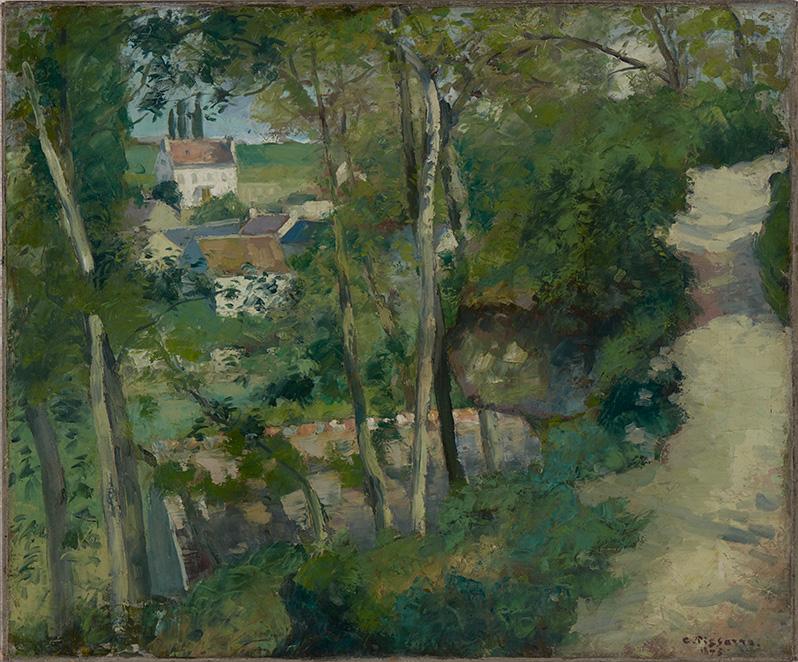 painting of a house viewed in the distance through the trees