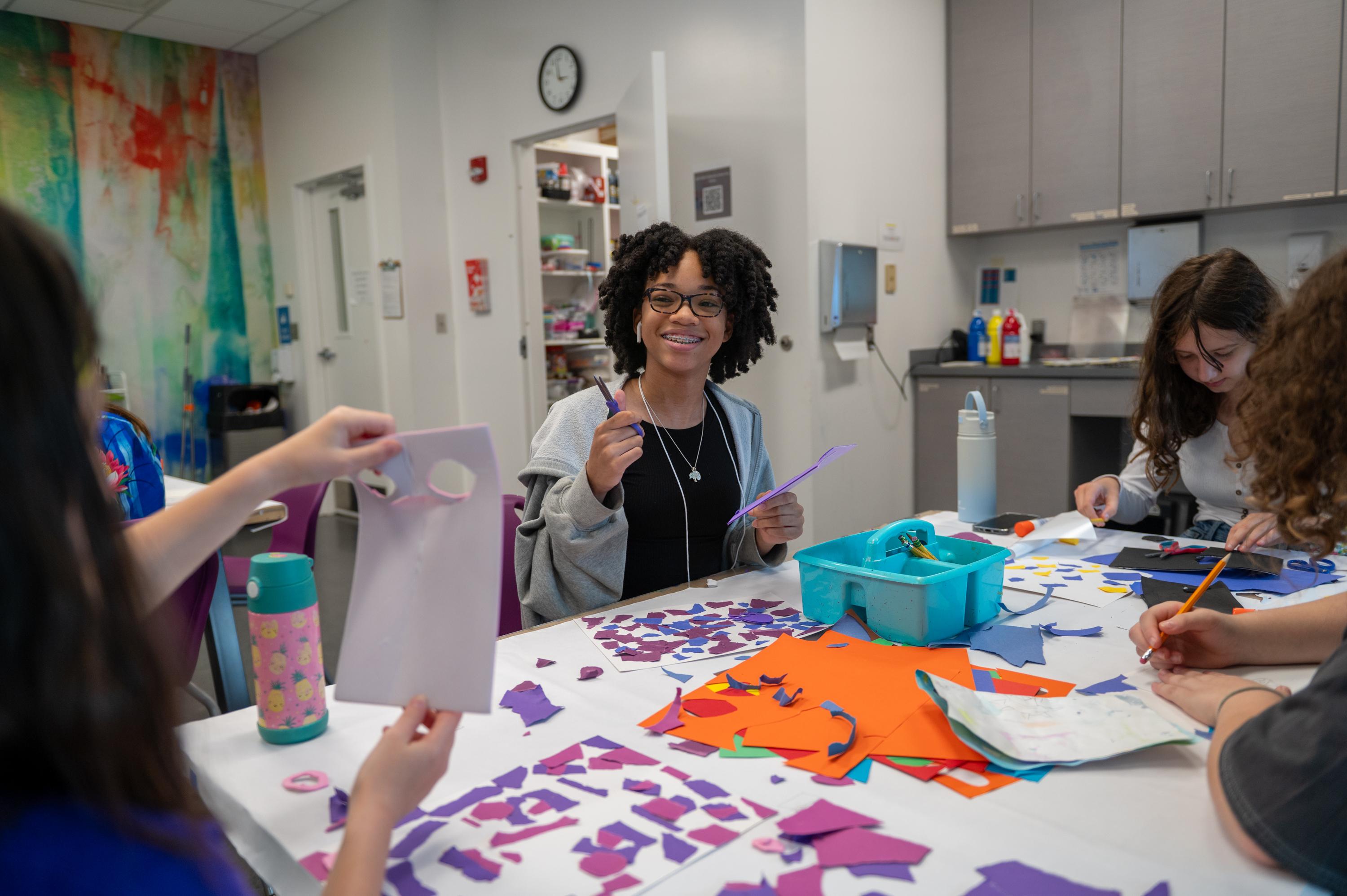 students print with bright colors in the studios